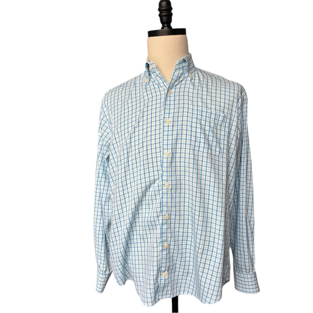 Peter Millar silk blend plaid button down long sleeve green/blue/white shirt | L